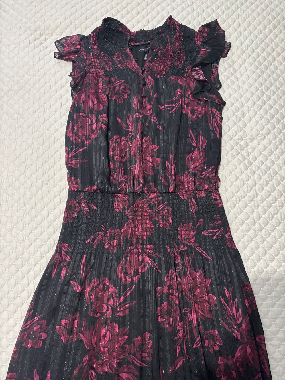 White House Black Market Black Midi Dress with Pink Floral Print